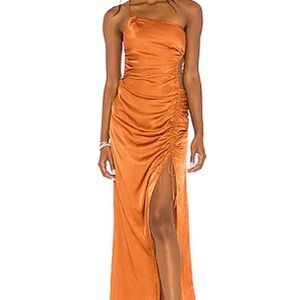 For Love And Lemons One-Shoulder Orange Satin Ruched Maxi Dress